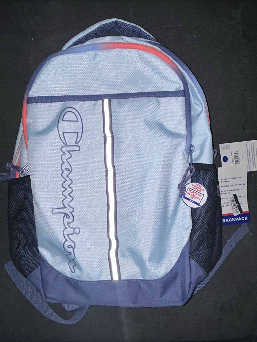 Champion Light Blue & Navy Reflective Stripe Backpack with Coral Trim